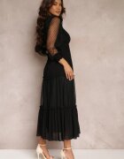 elsa.m by may Rochie Neagră cu Mânecă Bufantă Ornată cu Inserții din Tul Laluna