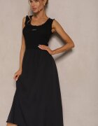 elsa.m by may Rochie Neagră Evazată din Viscoză Decorată cu o Aplicație Ronlina