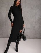 elsa.m by may Rochie neagră maxi reiată croi mulat cu nasturi și decupaj Inelia