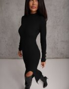 elsa.m by may Rochie neagră maxi reiată croi mulat cu nasturi și decupaj Inelia