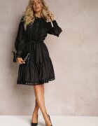 elsa.m by may Rochie neagră midi cu inserții ajurate și cordon de legat Hudo