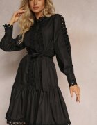 elsa.m by may Rochie neagră midi cu inserții ajurate și cordon de legat Hudo