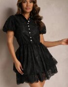 elsa.m by may Rochie Neagră Mini cu Mâneci Bufante și Nasturi Decorată cu Dantelă Florală Eia