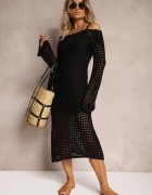 elsa.m by may Rochie Neagră Tricotată Midi în stil Boho cu decolteu adânc la spate Moralie