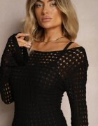 elsa.m by may Rochie Neagră Tricotată Midi în stil Boho cu decolteu adânc la spate Moralie