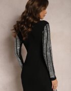 elsa.m by may Rochie Negru-Argintiu Mini cu Mânecă Lungă cu Strasuri Zerina
