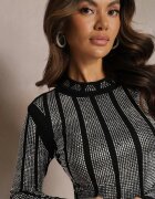 elsa.m by may Rochie Negru-Argintiu Mini cu Mânecă Lungă cu Strasuri Zerina