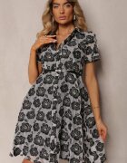 elsa.m by may Rochie Negru-Gri De Cocktail Cambrată Stil Cămașă Decorată cu o Cureaua cu o Perlă Vimalette