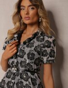 elsa.m by may Rochie Negru-Gri De Cocktail Cambrată Stil Cămașă Decorată cu o Cureaua cu o Perlă Vimalette