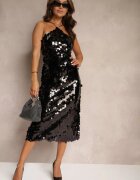 elsa.m by may Rochie paietată neagră cu croială asimetrică și legătură decorativă la spate Leriseli