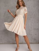 elsa.m by may Rochie Plisată Bej cu Centură și Dantelă Stelly