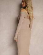 elsa.m by may Rochie pulover de cocktail bej cu viscoză decorată cu tăietură pentru degetul mare și nasturi Yasedi