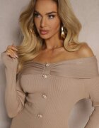 elsa.m by may Rochie pulover de cocktail bej cu viscoză decorată cu tăietură pentru degetul mare și nasturi Yasedi