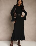 elsa.m by may Rochie Pulover Neagră Longsleeve cu Viscoză cu Curea cu Cataramă Scoică Retine
