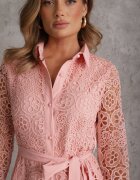 elsa.m by may Rochie Roz Evazată Midi Decorată cu Dantelă cu Cordon în Talie Sailla