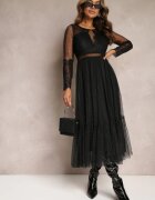 elsa.m by may Rochie Rozkloszată Maxi Neagră cu Inserții de Dantelă și Tul Kollla