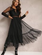 elsa.m by may Rochie Rozkloszată Maxi Neagră cu Inserții de Dantelă și Tul Kollla