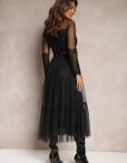 elsa.m by may Rochie Rozkloszată Maxi Neagră cu Inserții de Dantelă și Tul Kollla
