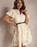 elsa.m by may Rochie tip cămașă bej deschis midi cu dantelă ajurată și curea Silira