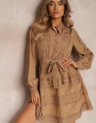 elsa.m by may Rochie tip cămașă Bej închisă cu cordon și benzi ajurate Deme