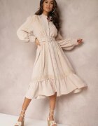 elsa.m by may Rochie tip cămașă Bej Midi cu Dantelă și Curea cu Cataramă Tocotte