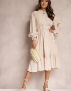 elsa.m by may Rochie tip cămașă Bej Midi cu Dantelă și Curea cu Cataramă Tocotte