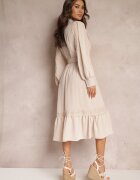 elsa.m by may Rochie tip cămașă Bej Midi cu Dantelă și Curea cu Cataramă Tocotte