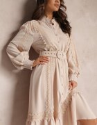 elsa.m by may Rochie tip cămașă Bej Midi cu Dantelă și Curea cu Cataramă Tocotte