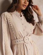 elsa.m by may Rochie tip cămașă Bej Midi cu Dantelă și Curea cu Cataramă Tocotte