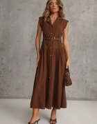 elsa.m by may Rochie Tip Cămașă Maro Fără Mâneci cu Curea și Cataramă Metalică Thespiphia