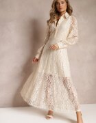 elsa.m by may Rochie tip cămașă Maxi Bej cu Nasturi Decorativi și Zirconii din Țesătură de Dantelă Armina