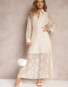 elsa.m by may Rochie tip cămașă Maxi Bej cu Nasturi Decorativi și Zirconii din Țesătură de Dantelă Armina