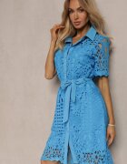 elsa.m by may Rochie Tip Cămașă Midi Albastră cu Detalii Ajurate Tatrasi