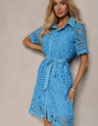 elsa.m by may Rochie Tip Cămașă Midi Albastră cu Detalii Ajurate Tatrasi