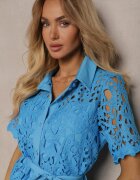 elsa.m by may Rochie Tip Cămașă Midi Albastră cu Detalii Ajurate Tatrasi