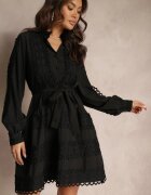 elsa.m by may Rochie tip cămașă Neagră cu cordon legat și benzi ajurate Deme