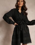 elsa.m by may Rochie tip cămașă Neagră cu cordon legat și benzi ajurate Deme