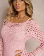 elsa.m by may Rochie tricotată midi Roz în stil Boho cu Decolteu Adânc la Spate Moralie