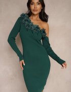 elsa.m by may Rochie Verde Asimetrică Rebrată cu Viscoză Decorată cu Pene și Flori 3D Neldari
