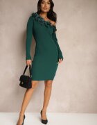 elsa.m by may Rochie Verde Asimetrică Rebrată cu Viscoză Decorată cu Pene și Flori 3D Neldari