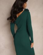 elsa.m by may Rochie Verde Asimetrică Rebrată cu Viscoză Decorată cu Pene și Flori 3D Neldari