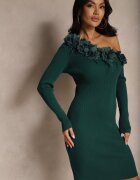 elsa.m by may Rochie Verde Asimetrică Rebrată cu Viscoză Decorată cu Pene și Flori 3D Neldari