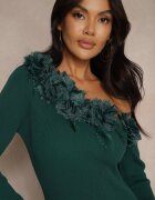 elsa.m by may Rochie Verde Asimetrică Rebrată cu Viscoză Decorată cu Pene și Flori 3D Neldari