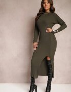 elsa.m by may Rochie Verde închis Maxi Reiată cu croială mulată cu nasturi și decupaj Inelia