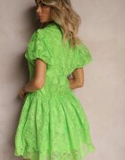 elsa.m by may Rochie Verde Mini cu Mâneci Bufante și Nasturi Decorată cu Dantelă Florală Eia