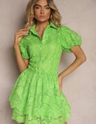 elsa.m by may Rochie Verde Mini cu Mâneci Bufante și Nasturi Decorată cu Dantelă Florală Eia