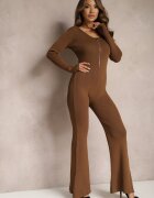 elsa.m by may Salopetă Maro Bodycon din Viscoză Reiată cu Pantaloni Evazați și Fermoar Lavirna