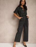 elsa.m by may Salopetă neagră din denim din bumbac cu curea din material în talie și cu picioare largi Yonadea