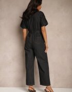 elsa.m by may Salopetă neagră din denim din bumbac cu curea din material în talie și cu picioare largi Yonadea