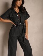 elsa.m by may Salopetă neagră din denim din bumbac cu curea din material în talie și cu picioare largi Yonadea